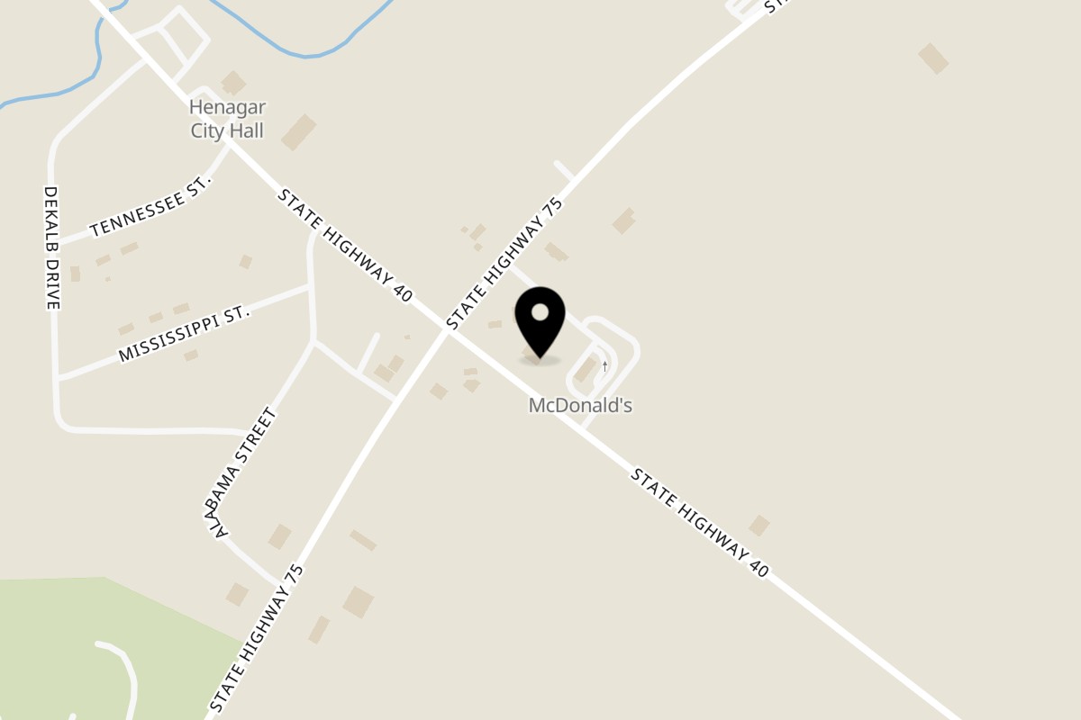 Map showing the location of Bama Boys BBQ on 8970 AL-40 in Henagar